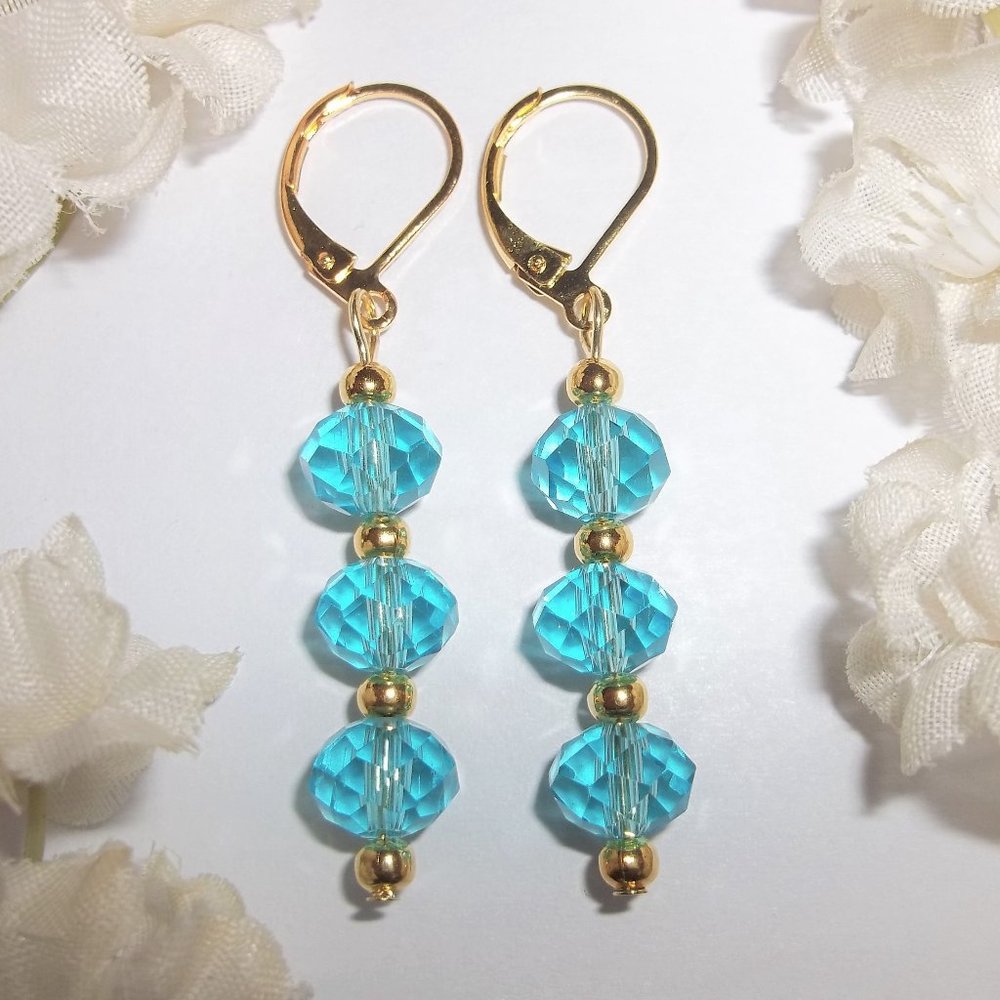 Pretty Turquoise Blue & Gold Earrings Beaded 6327 - Picture 1 of 7
